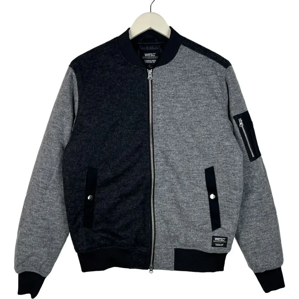 New Wesc Mumel Women US M Bomber Jacket Melange Grey Colorblock Flannel Unisex - Picture 1 of 11